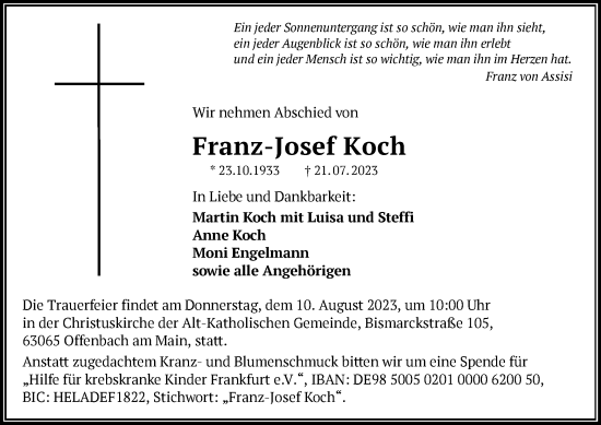 Traueranzeige von Franz-Josef Koch von OF