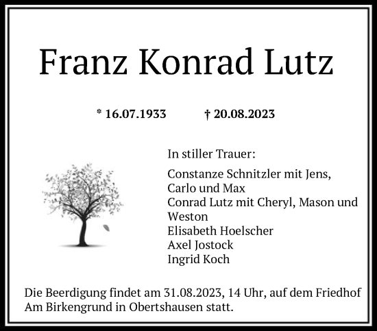 Traueranzeige von Franz Konrad Lutz von OF