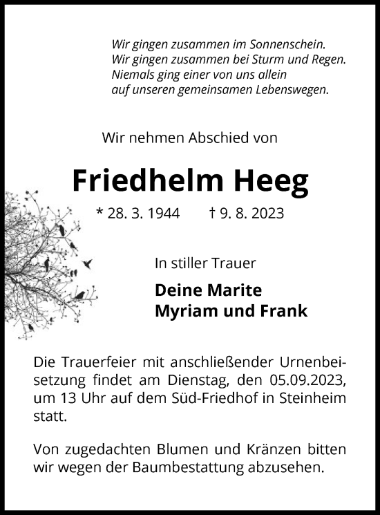 Traueranzeige von Friedhelm Heeg von OF