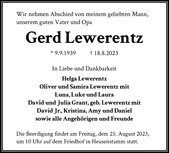 Traueranzeige von Gerd Lewerentz von OF