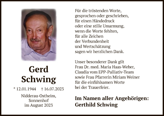 Traueranzeige von Gerd Schwing von OF