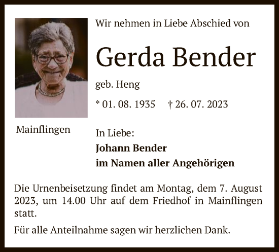 Traueranzeige von Gerda Bender von OF