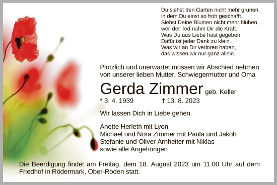 Traueranzeige von Gerda Zimmer von OF