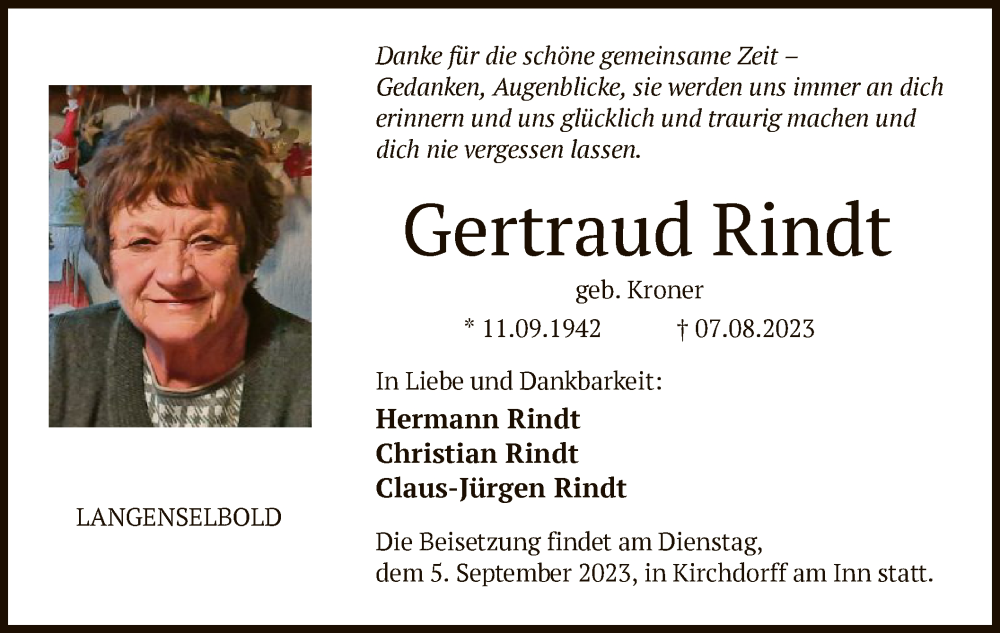  Traueranzeige für Gertraud Rindt vom 26.08.2023 aus OF