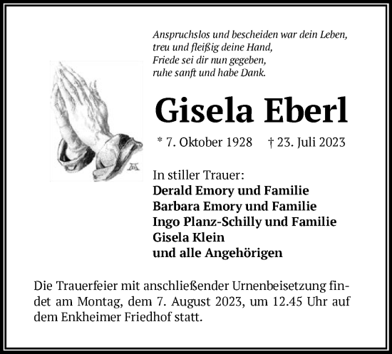 Traueranzeige von Gisela Eberl von OF