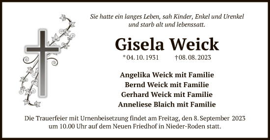 Traueranzeige von Gisela Weick von OF