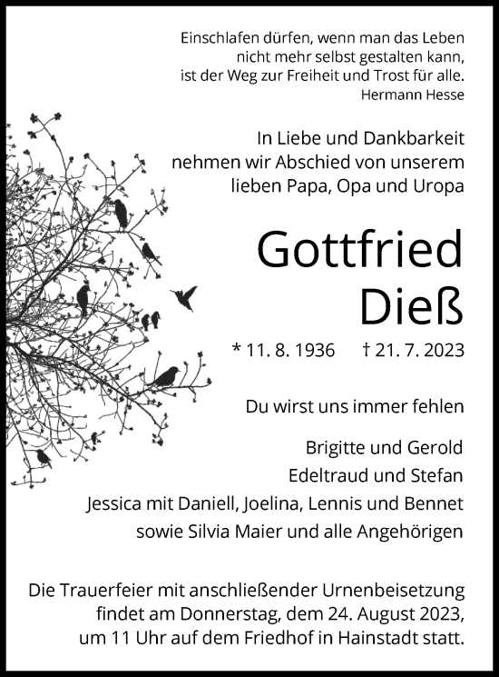 Traueranzeige von Gottfried Dieß von OF