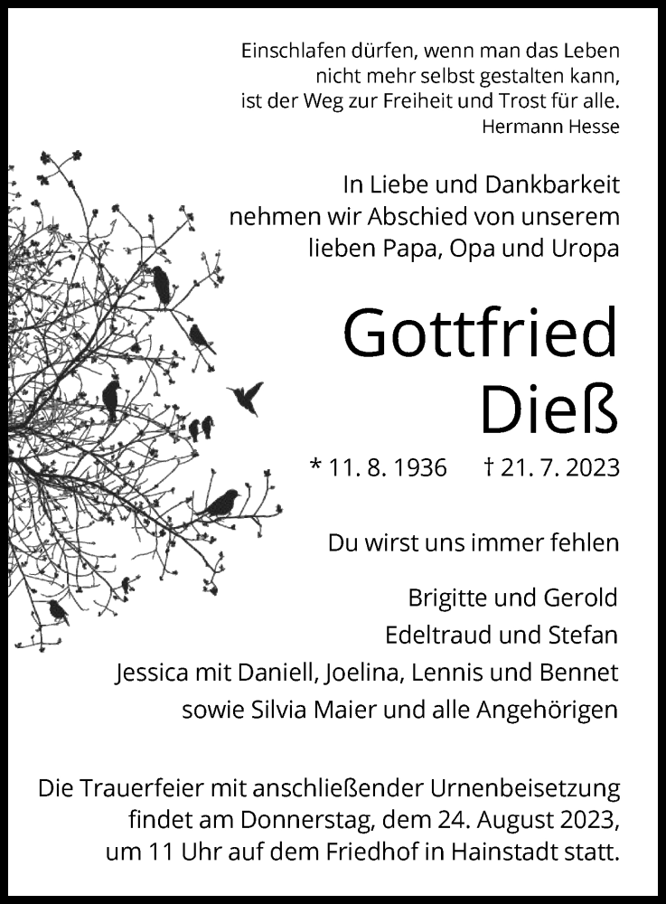  Traueranzeige für Gottfried Dieß vom 16.08.2023 aus OF