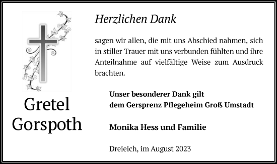 Traueranzeige von Gretel Gorspoth von OF