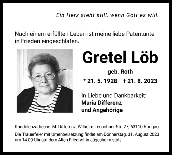 Traueranzeige von Gretel Löb von OF