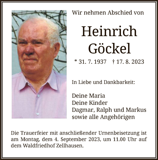 Traueranzeige von Heinrich Göckel von OF