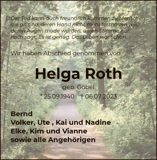 Traueranzeige von Helga Roth von OF