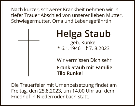 Traueranzeige von Helga Staub von OF