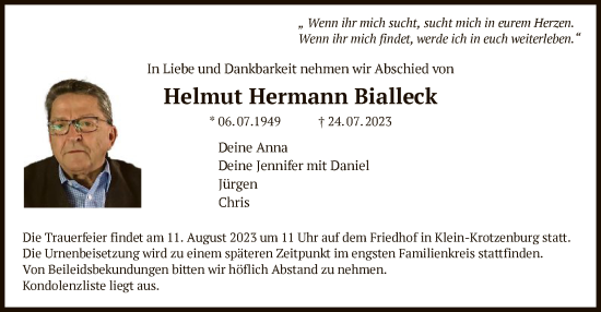 Traueranzeige von Helmut Hermann Bialleck von OF