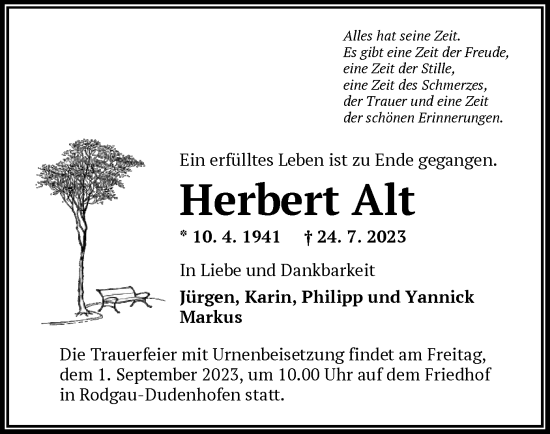 Traueranzeige von Herbert Alt von OF