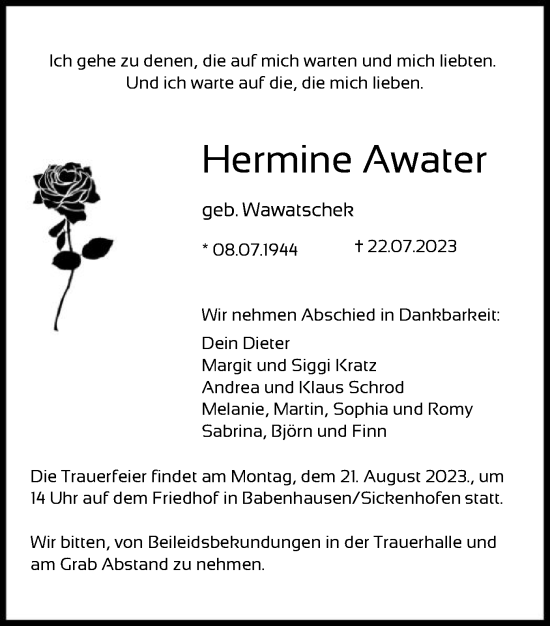 Traueranzeige von Hermine Awater von OF