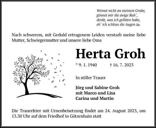 Traueranzeige von Herta Groh von OF