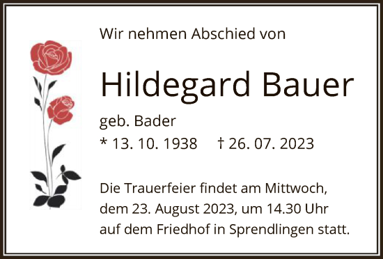 Traueranzeige von Hildegard Bauer von OF