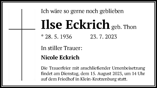 Traueranzeige von Ilse Eckrich von OF