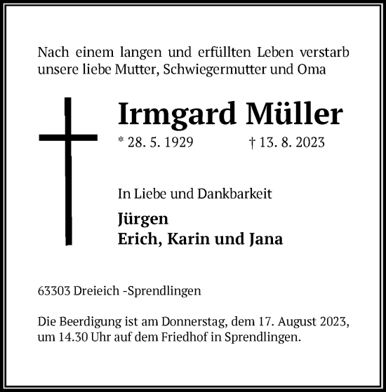 Traueranzeige von Irmgard Müller von OF