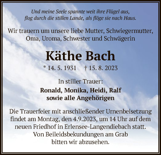 Traueranzeige von Käthe Bach von OF