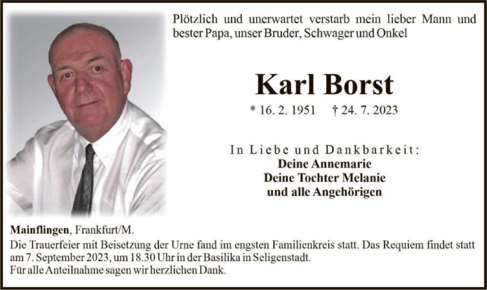  Traueranzeige für Karl Borst vom 12.08.2023 aus OF