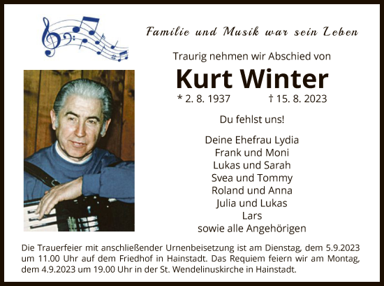 Traueranzeige von Kurt Winter von OF