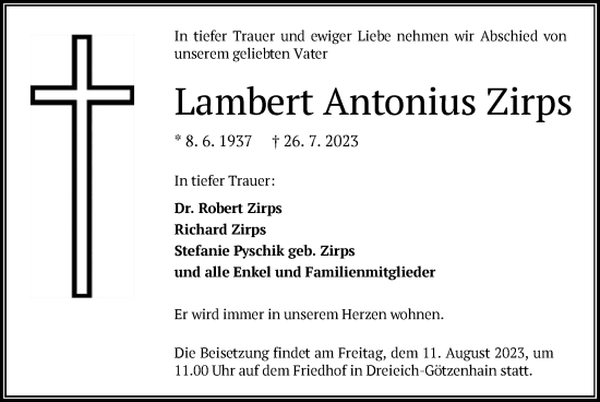 Traueranzeige von Lambert Antonius Zirps von OF