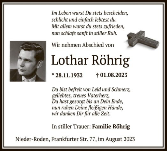 Traueranzeige von Lothar Röhrig von OF