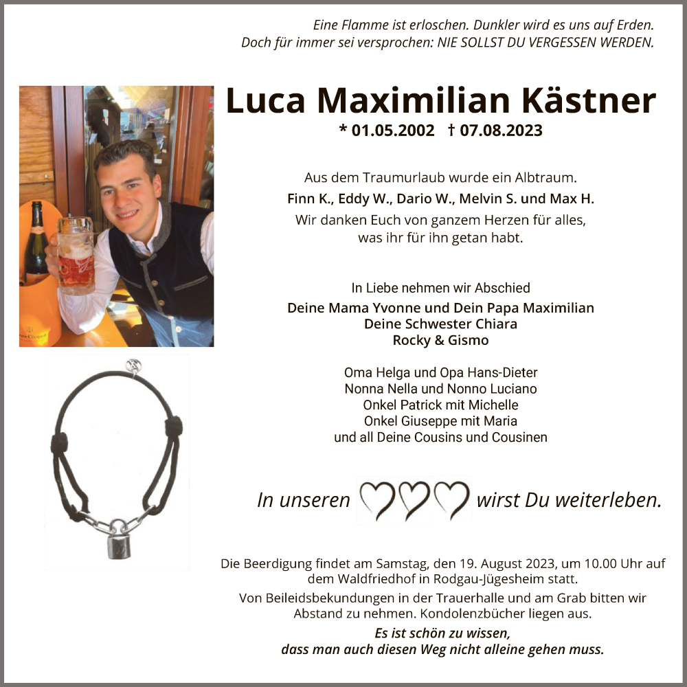  Traueranzeige für Luca Maximilian Kästner vom 16.08.2023 aus OF