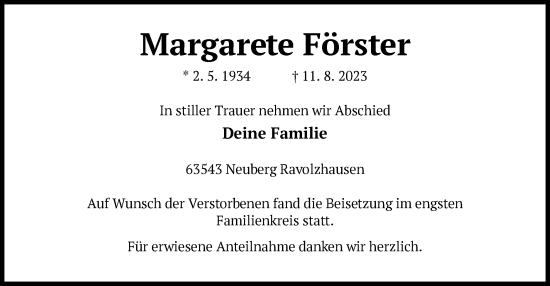 Traueranzeige von Margarete Förster von OF