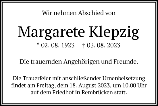 Traueranzeige von Margarete Klepzig von OF