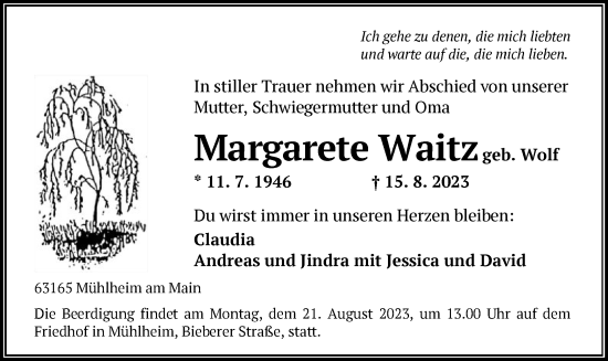 Traueranzeige von Margarete Waitz von OF