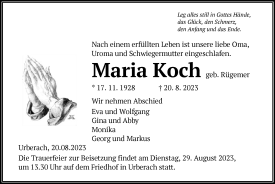 Traueranzeige von Maria Koch von OF