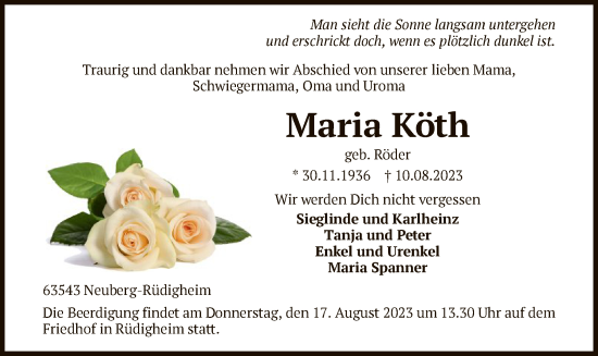 Traueranzeige von Maria Köth von OF