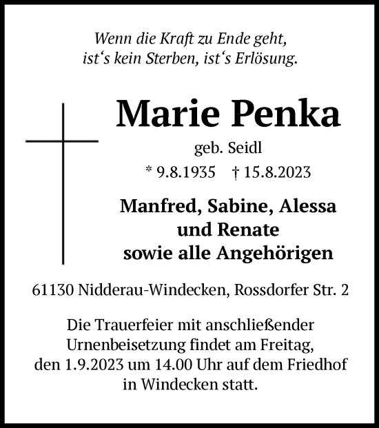 Traueranzeige von Marie Penka von OF