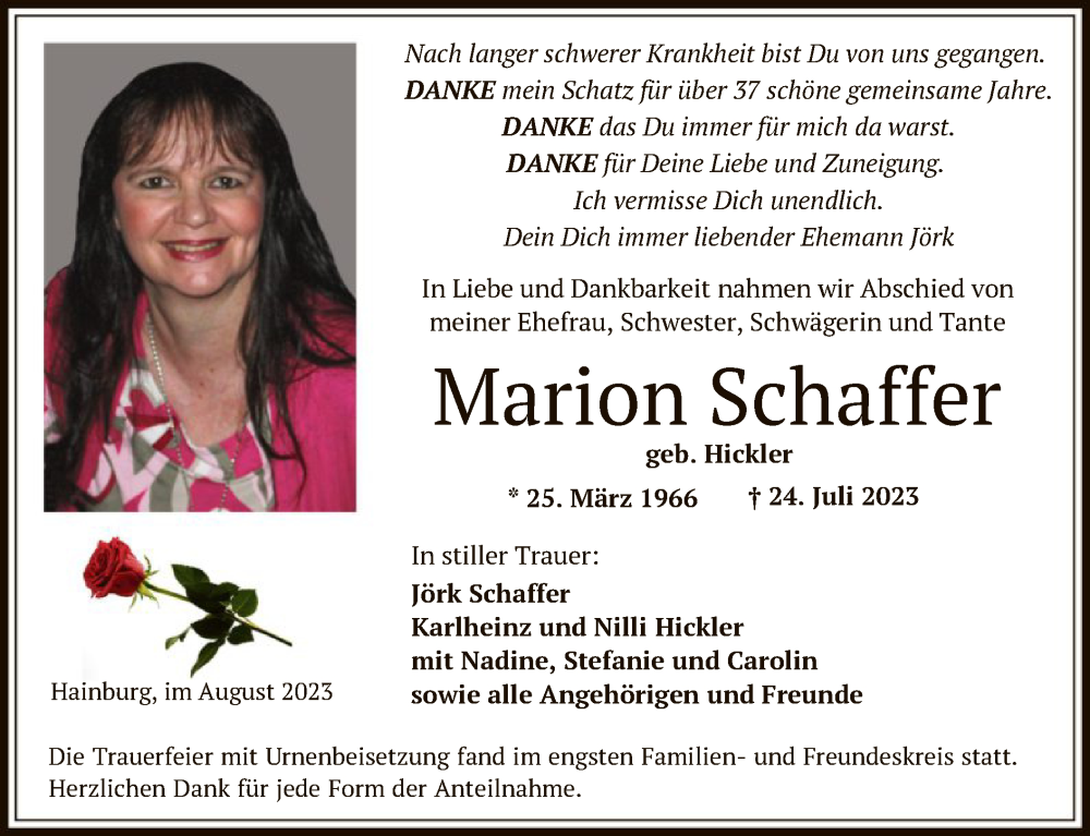  Traueranzeige für Marion Schaffer vom 16.08.2023 aus OF