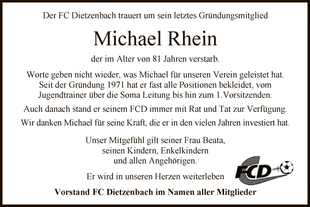  Traueranzeige für Michael Rhein vom 26.08.2023 aus OF