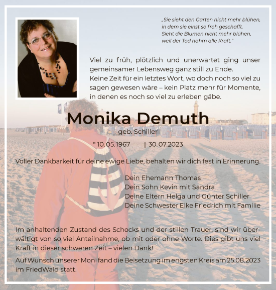 Traueranzeige von Monika Demuth von OF