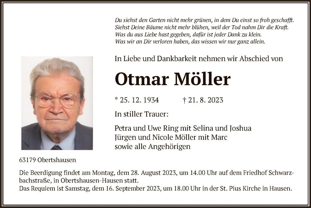  Traueranzeige für Otmar Möller vom 26.08.2023 aus OF