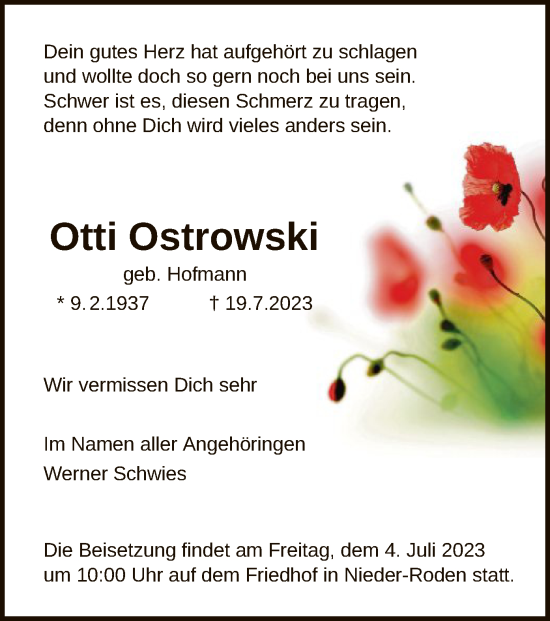 Traueranzeige von Otti Ostrowski von OF