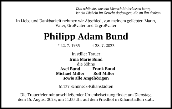 Traueranzeige von Philipp Adam Bund von OF