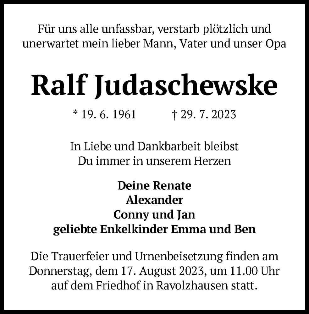  Traueranzeige für Ralf Judaschewske vom 12.08.2023 aus OF