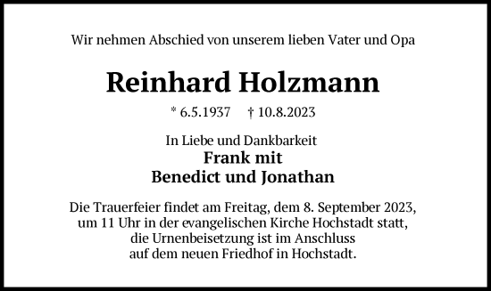 Traueranzeige von Reinhard Holzmann von OF