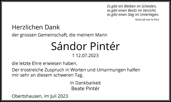 Traueranzeige von Sandor Pinter von OF