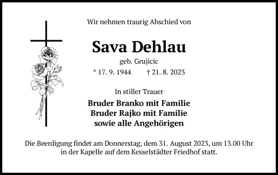 Traueranzeige von Sava Dehlau von OF