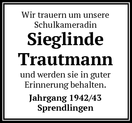 Traueranzeige von Sieglinde Trautmann von OF