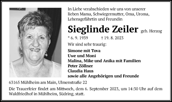 Traueranzeige von Sieglinde Zeiler von OF