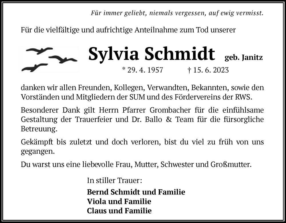  Traueranzeige für Sylvia Schmidt vom 09.08.2023 aus OF