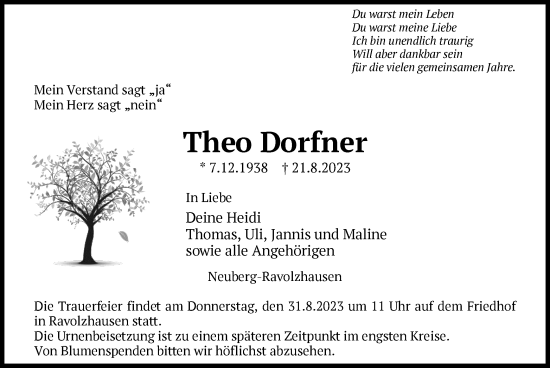 Traueranzeige von Theo Dorfner von OF